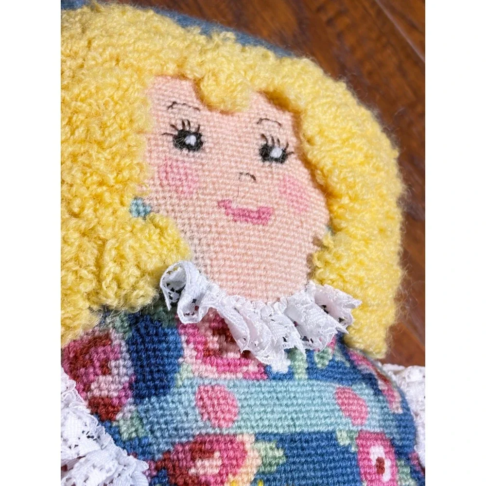 Vintage Handmade Needlepoint Doll Pillow Sunflower Girl Lace Ticking Stripe 13